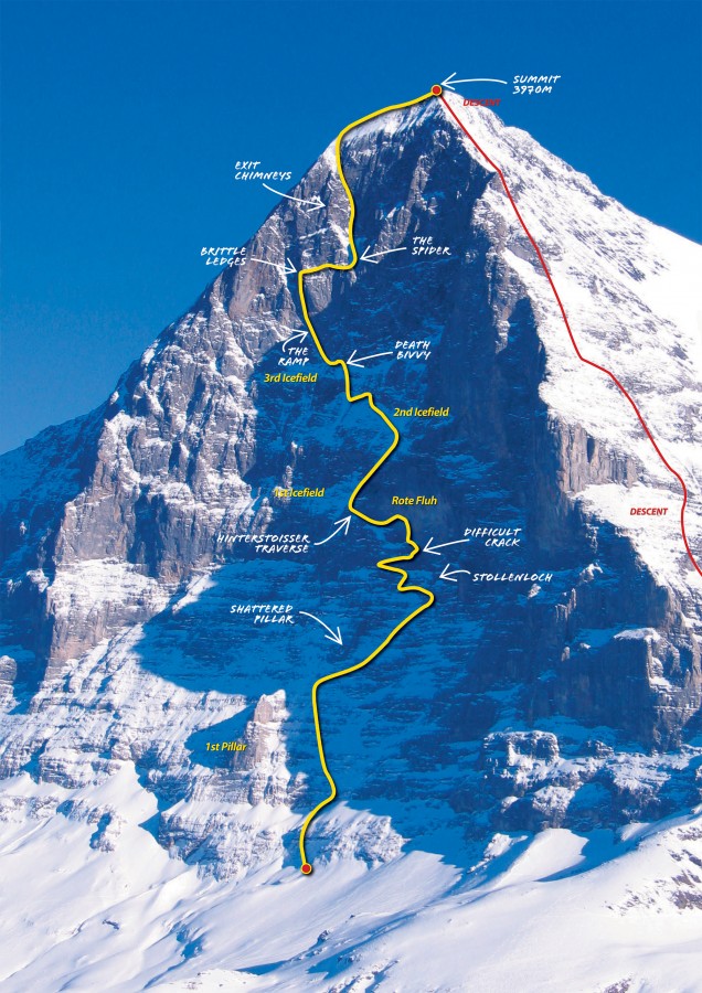 The Heckmair route and it's named sections.  Photo courtesy of trekmountain.com.