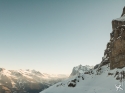 Eiger Nordwand approach, traverse at base. View from the Eigergletscher Ski Lift.