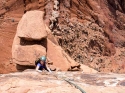Coming up the direct 'Coyote Calling' finish on P3 of Fine Jade on the Rectory. [Castle Valley, UT]