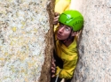 Eric coming up the full value, albeit short, South Platte \'5.8\", P1 of \"Shock Treatment\".  Big Rock Candy Mountain - South Platte, CO.