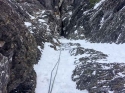 Looking up P1 from 20' into simulclimbing P1 [Bird Brain Boulevard - Ouray, CO]